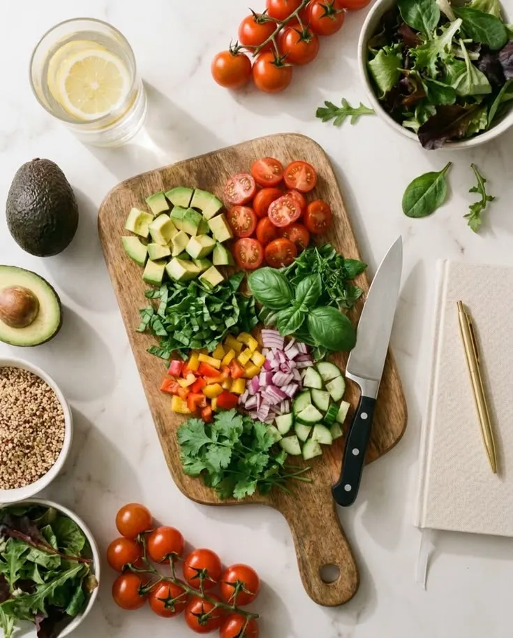 Organized weekly meal layout on a kitchen surface